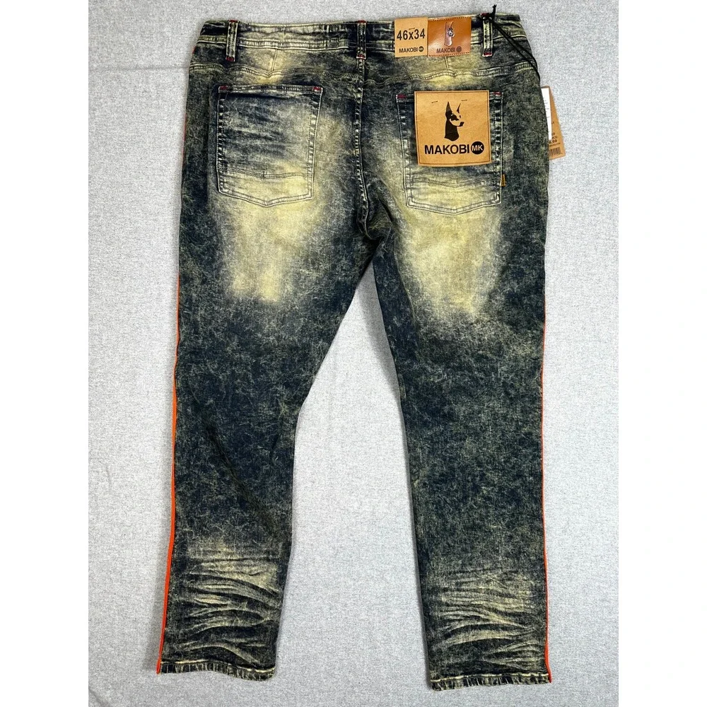 Makobi Jeans Mens 46x34 Blue Acid Wash Distressed Side Stripe Moto Streetwear